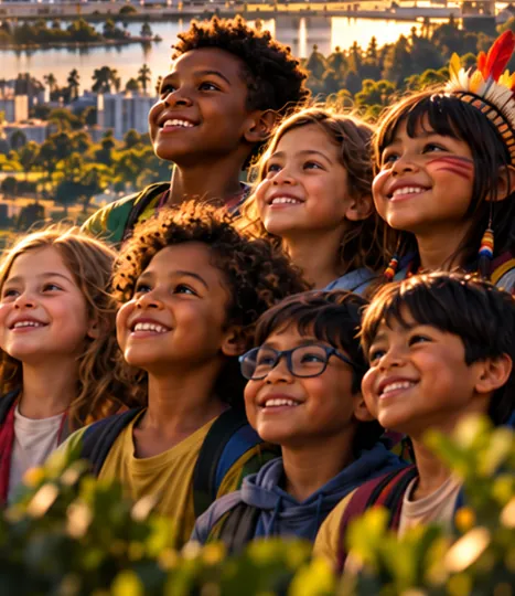 Detalhe da Capa: crianças de diferentes origens sorrindo, olhando para o futuro, com Brasília ao pôr do sol ao fundo.